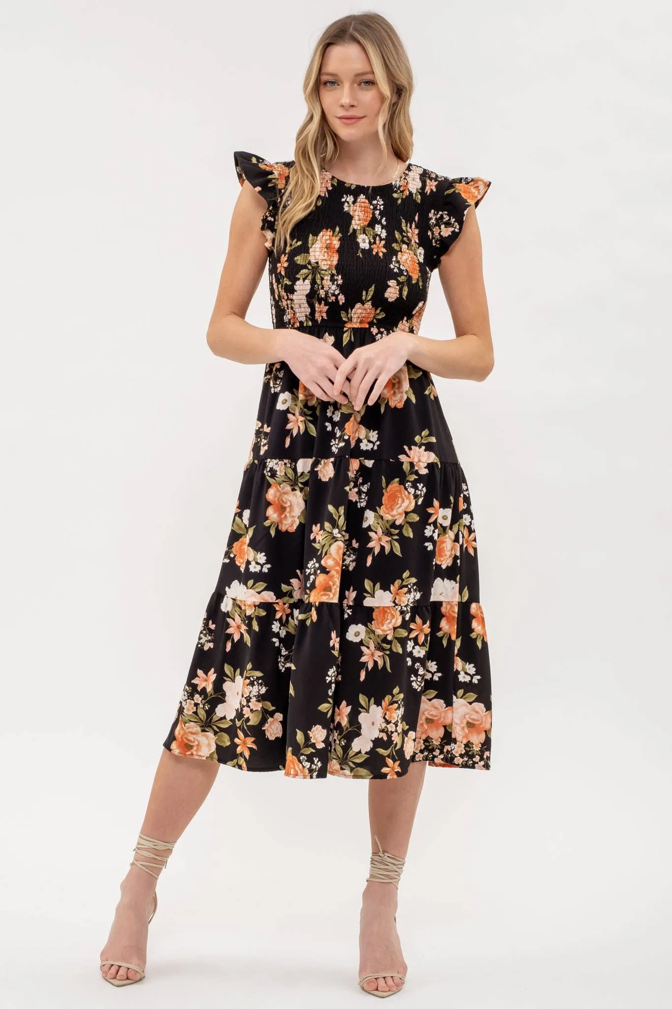 Black Smocked Tiered Floral Dress