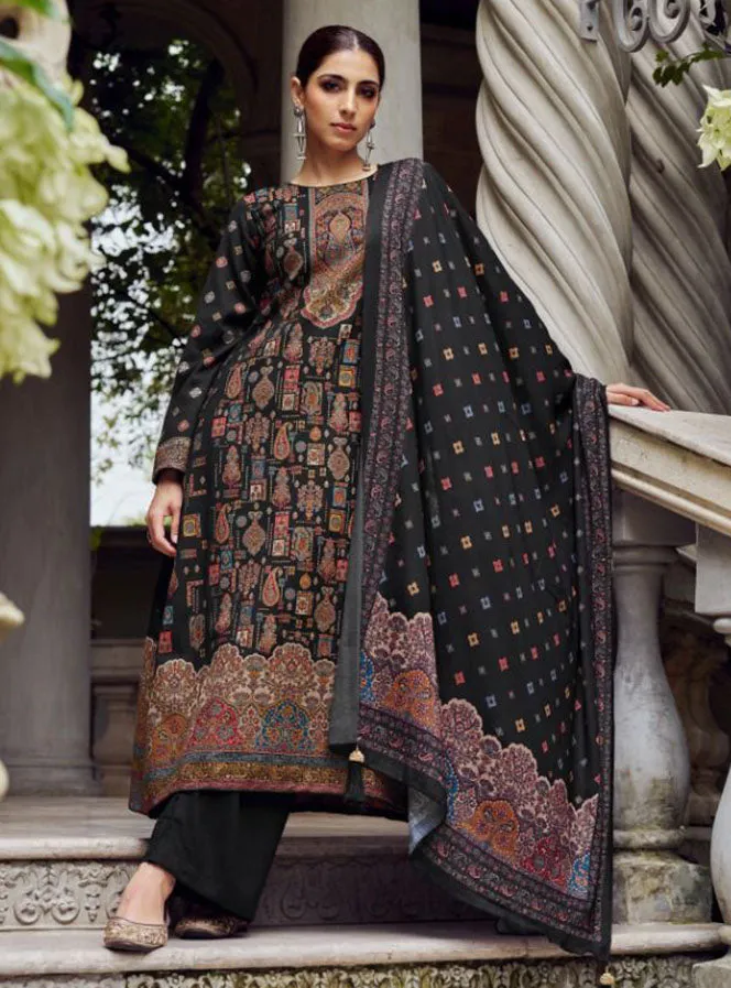 Black Unstitched Pure Pashmina Woven Winter Suit Dress Material for Women