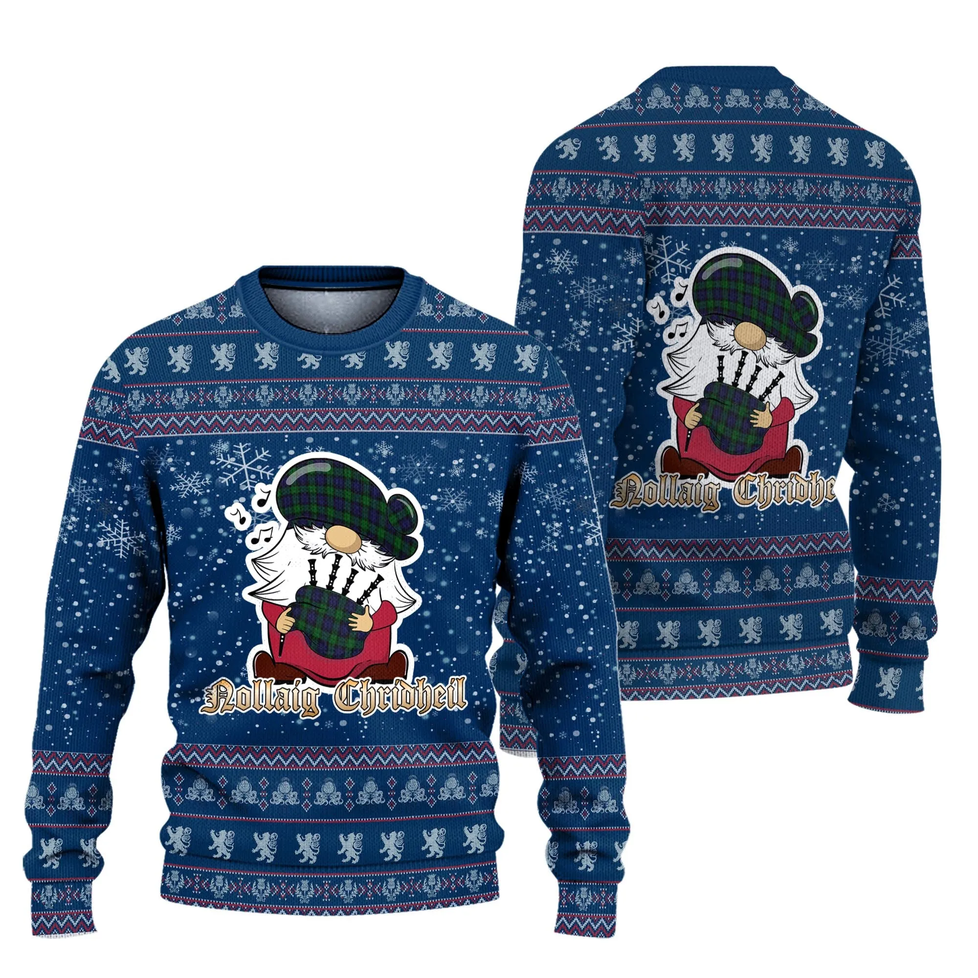 Black Watch Clan Christmas Family Ugly Sweater with Funny Gnome Playing Bagpipes