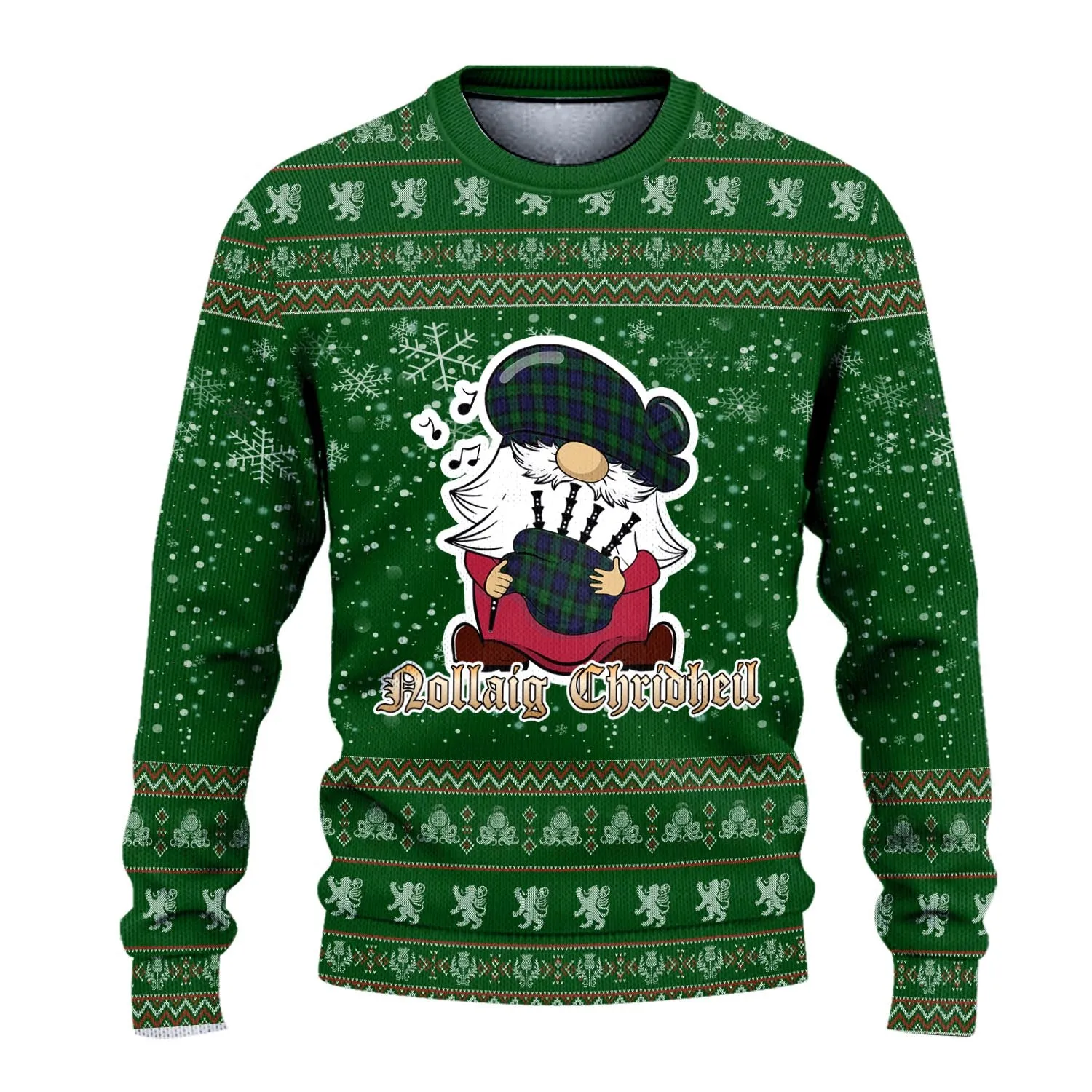 Black Watch Clan Christmas Family Ugly Sweater with Funny Gnome Playing Bagpipes