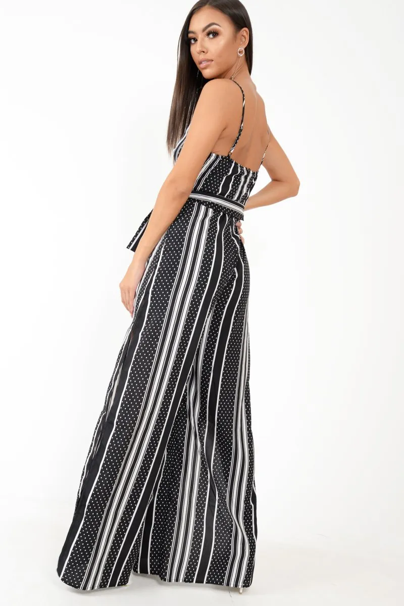 Black White Polka Dot Stripe Mix Plunge Jumpsuit - Jorja