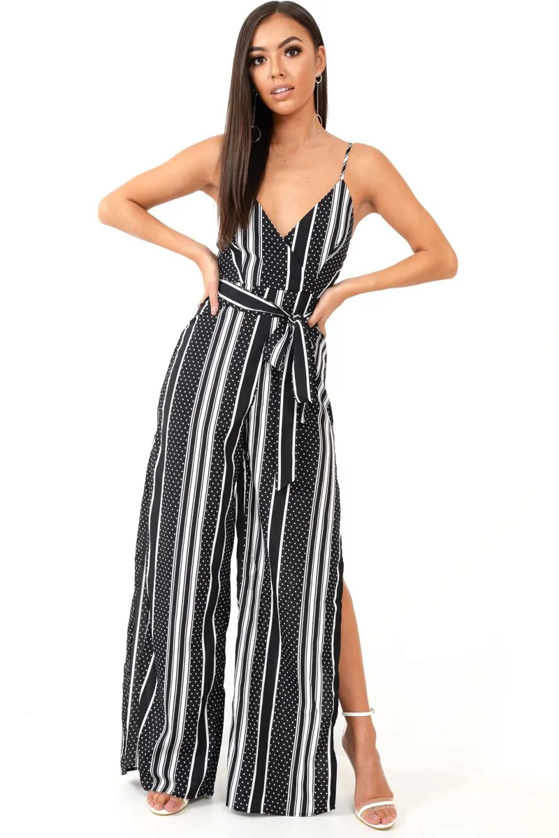 Black White Polka Dot Stripe Mix Plunge Jumpsuit - Jorja