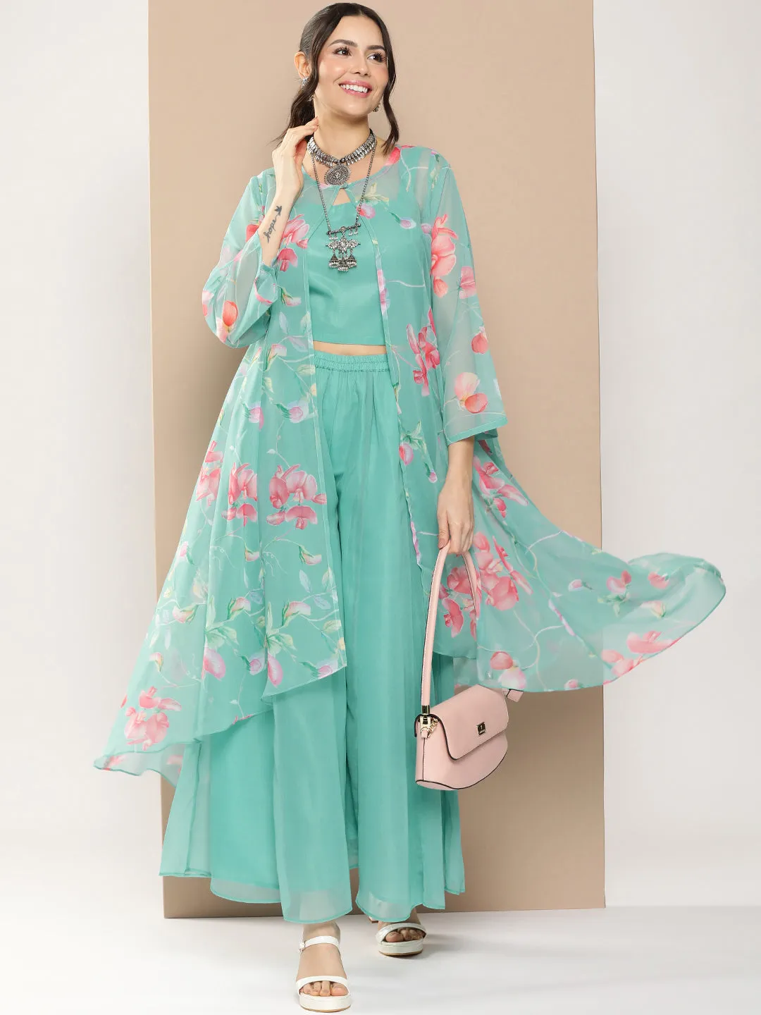 Blue Floral Print Cape & Inner Plain Short Spaghetti With Flared Palazzos.