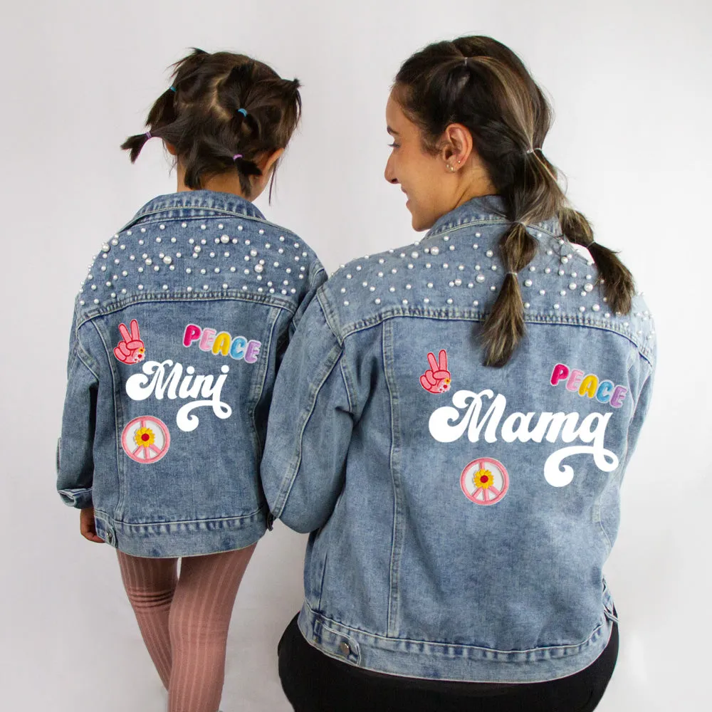 (Blue Pearl) Mama and Mini Retro Patch Denim Jacket