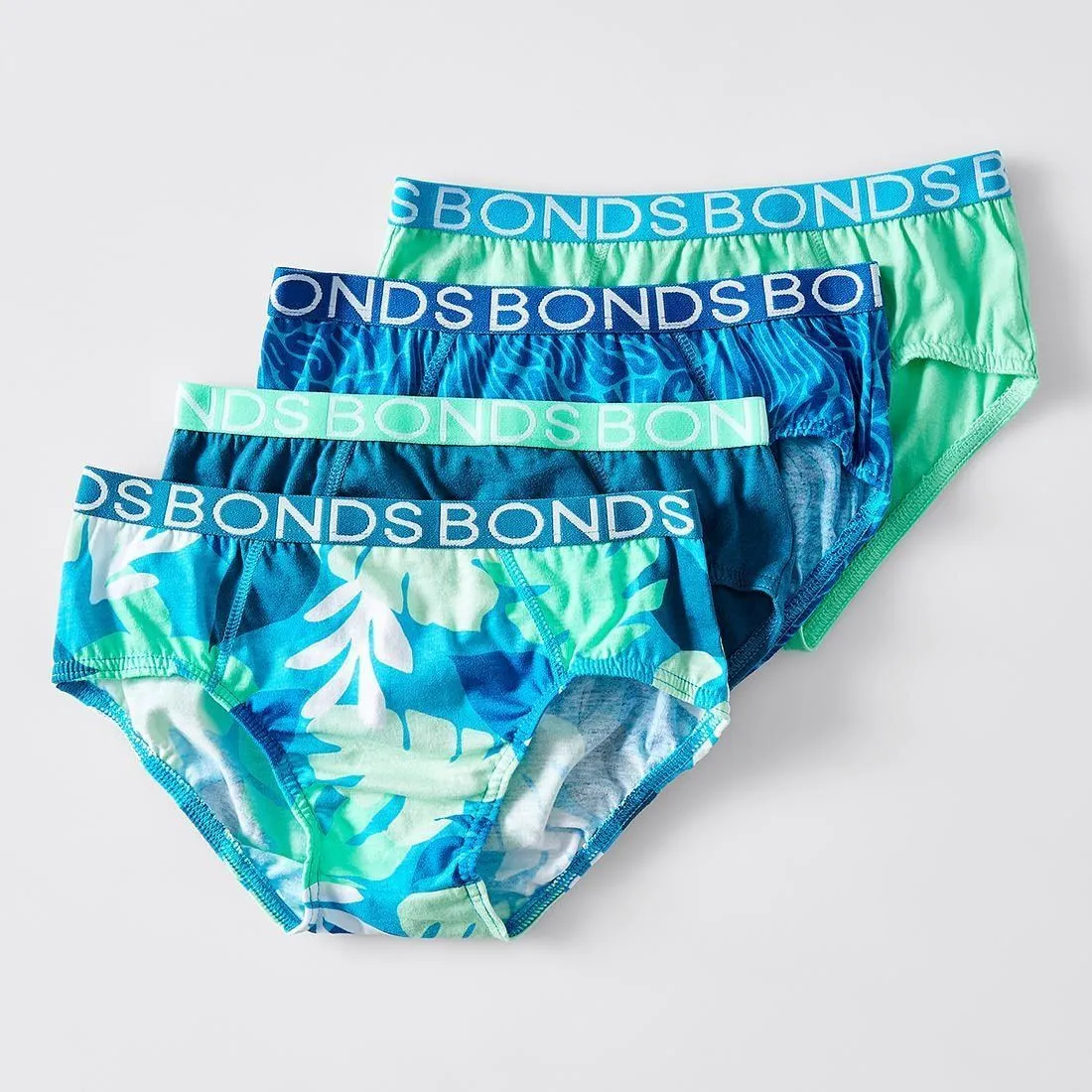 Bonds Boys 4 Pack Briefs - Blue Print/Navy/Green