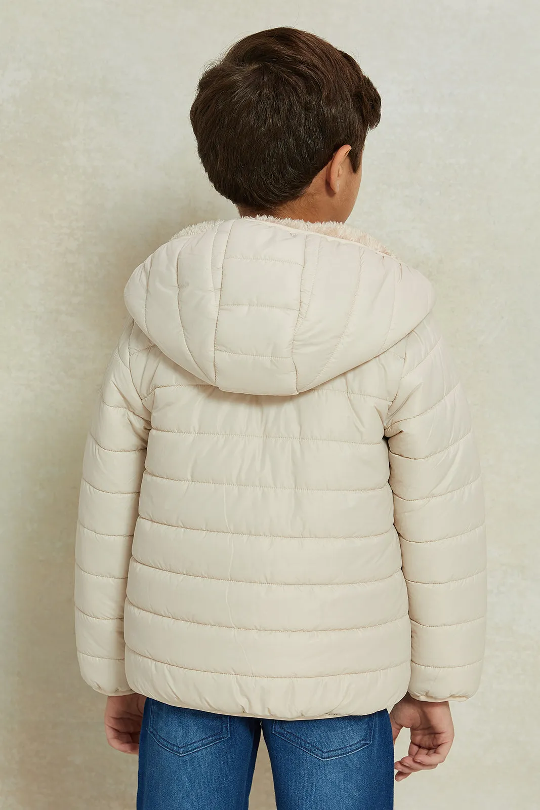 Boys Beige Puffer Jacket With Sherpa Lining