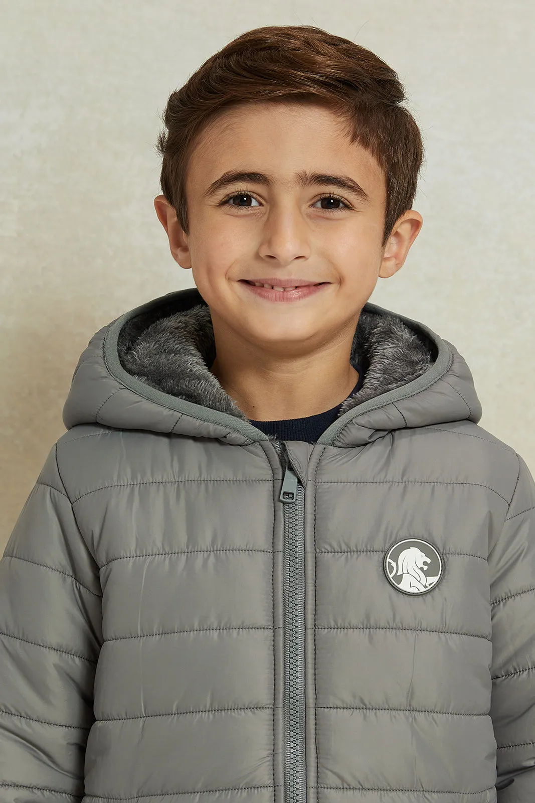 Boys Charcoal Puffer Jacket With Sherpa Lining