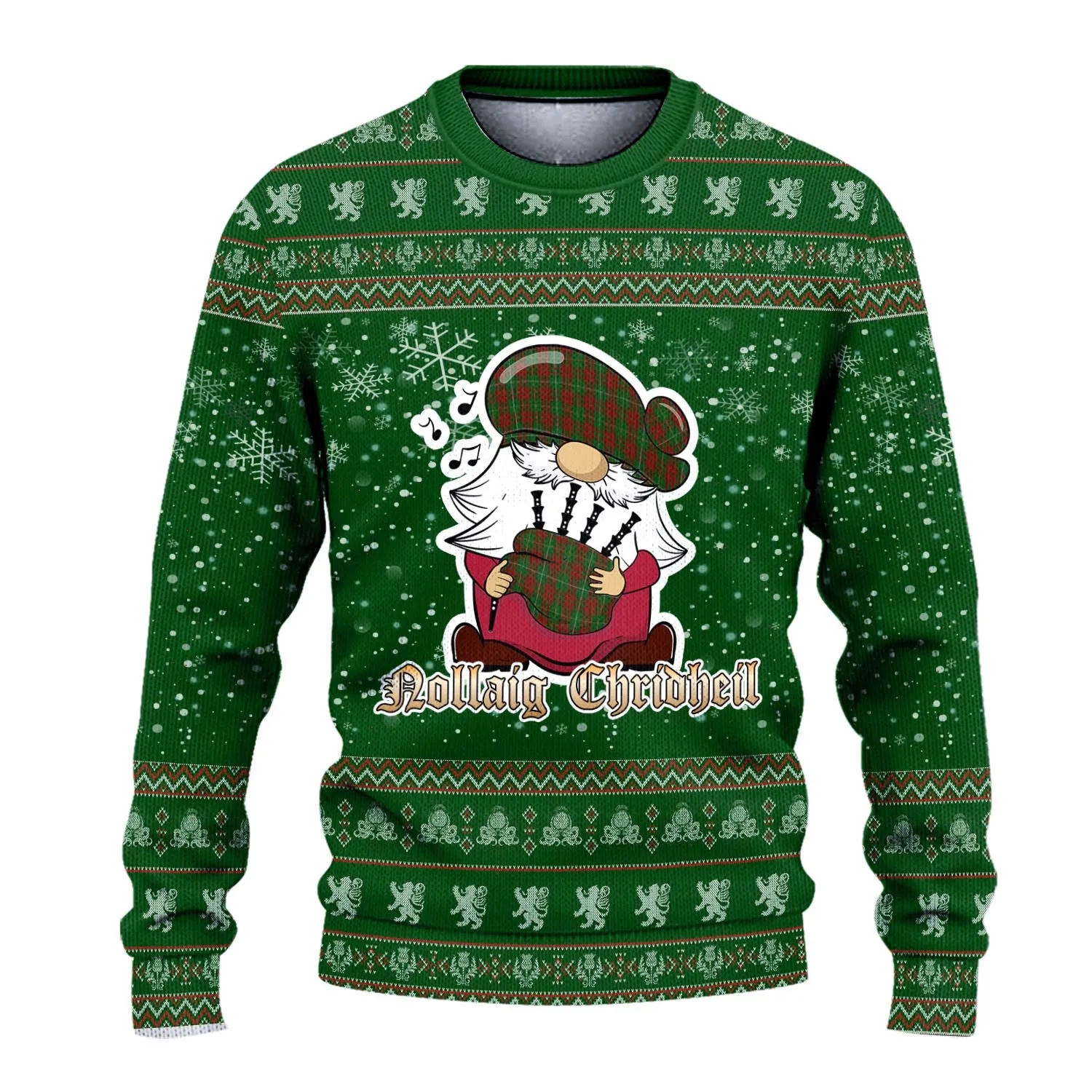 Bruce Hunting Clan Christmas Family Ugly Sweater with Funny Gnome Playing Bagpipes