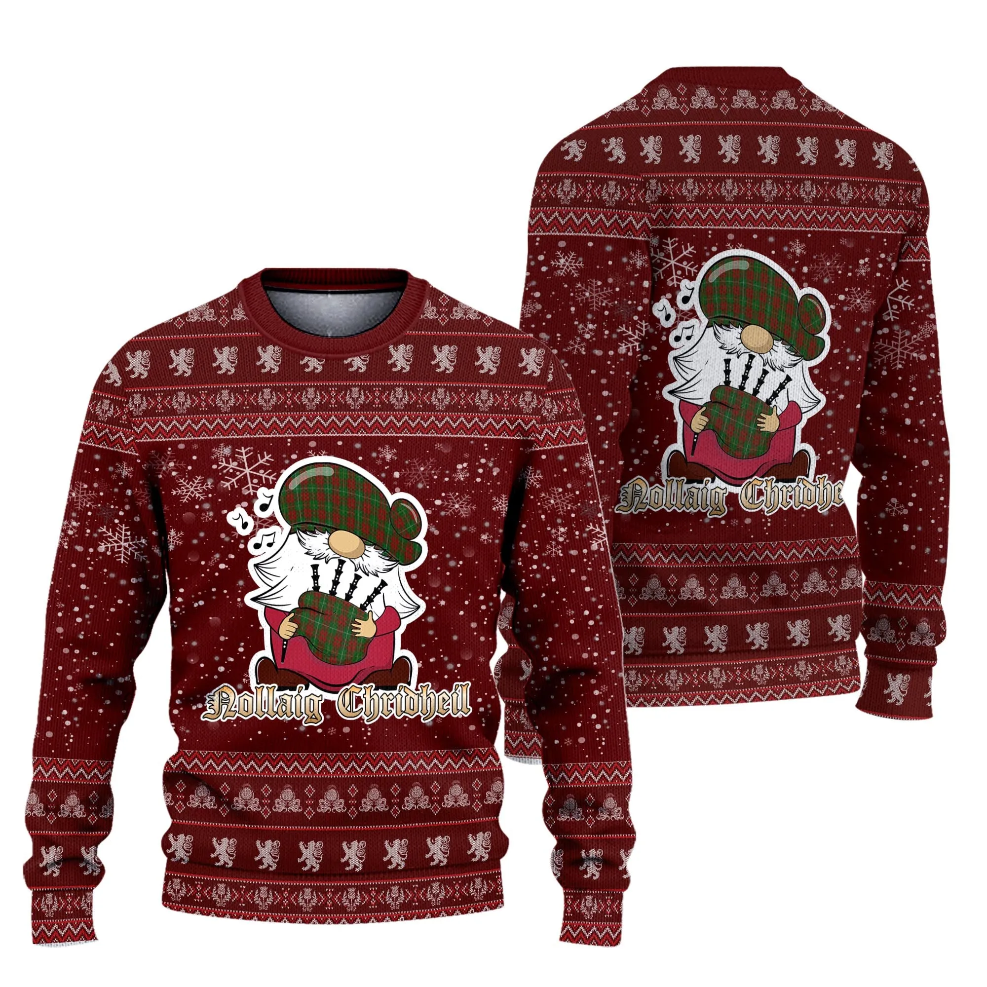 Bruce Hunting Clan Christmas Family Ugly Sweater with Funny Gnome Playing Bagpipes