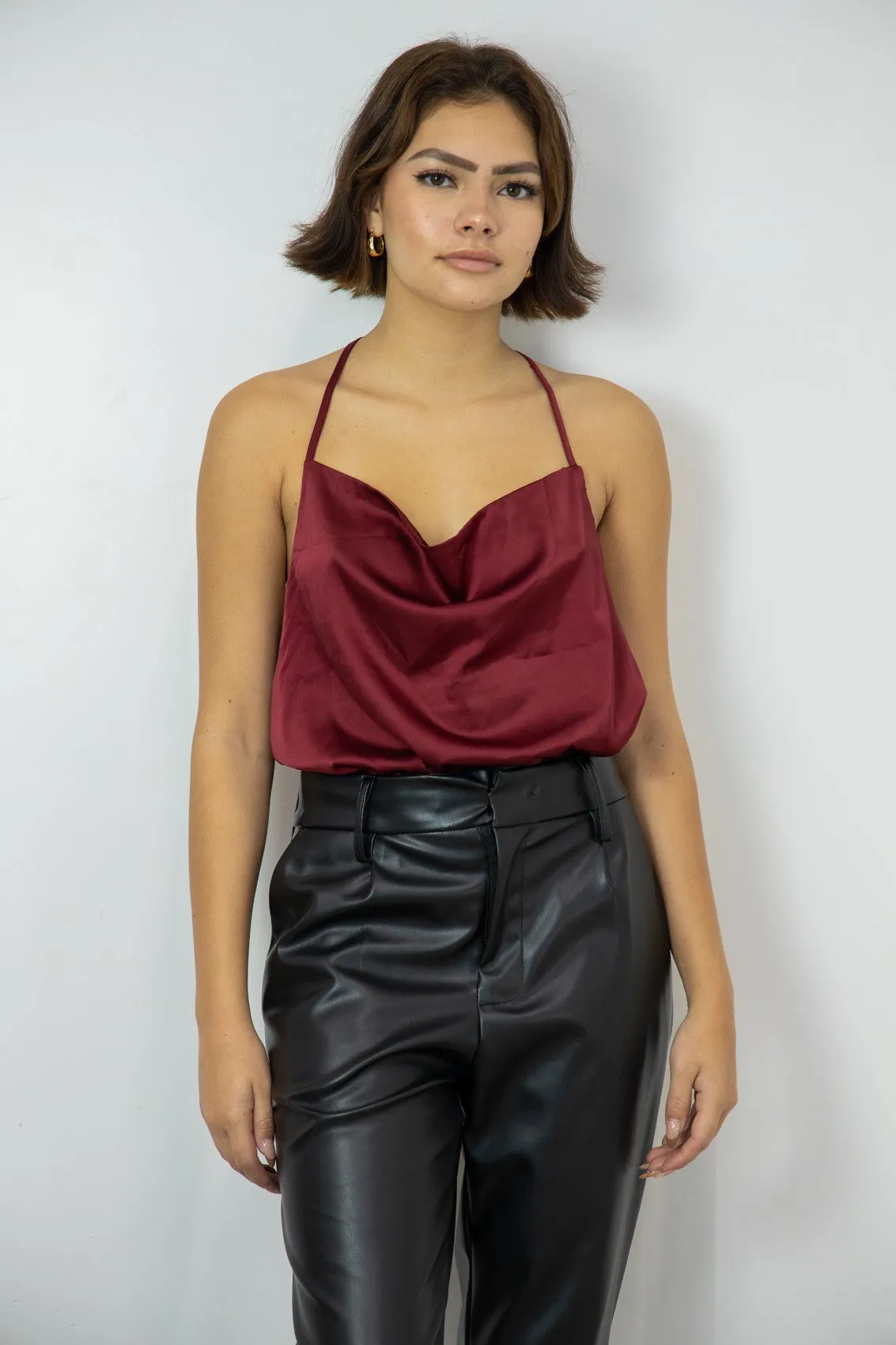 Cassia Satin Cowl Neck Backless Bodysuit