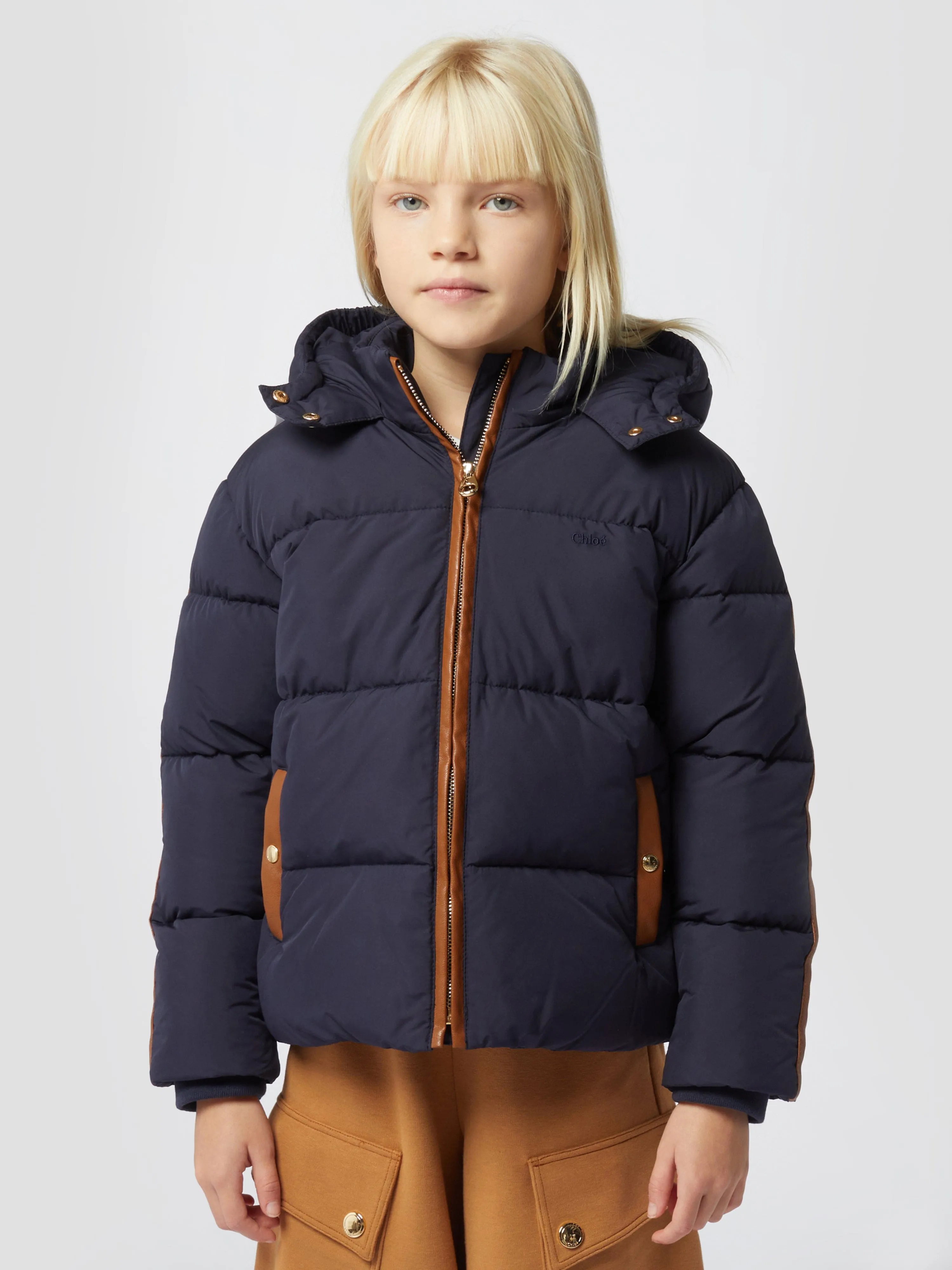 Chloé Girls Down Padded Puffer Jacket in Navy