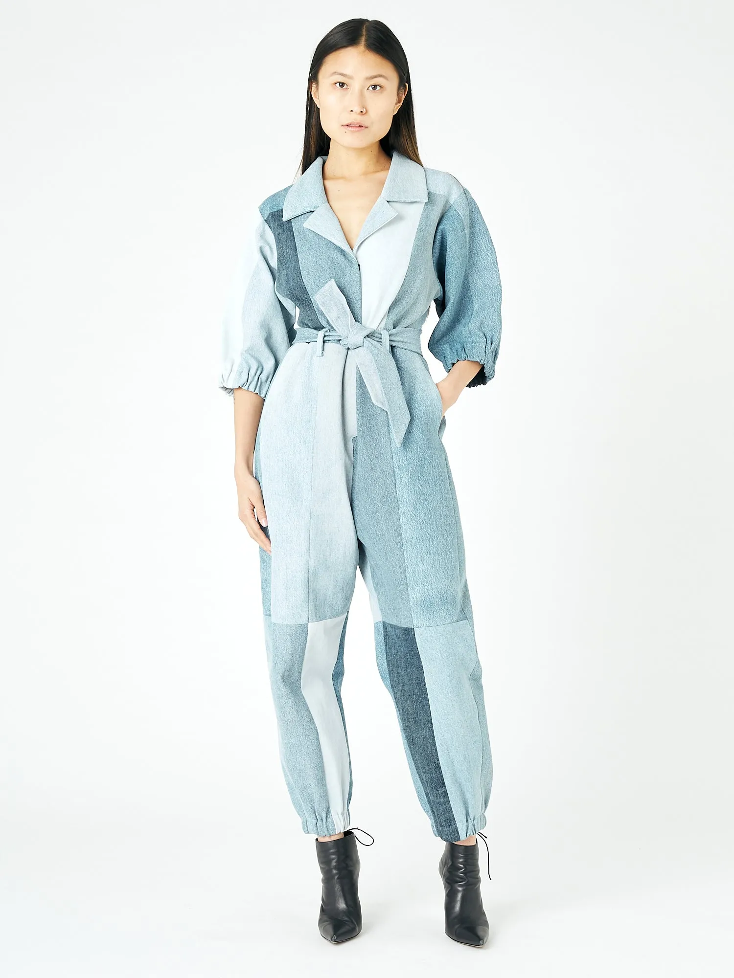 Classic Denim Jumpsuit PatchworkBlue