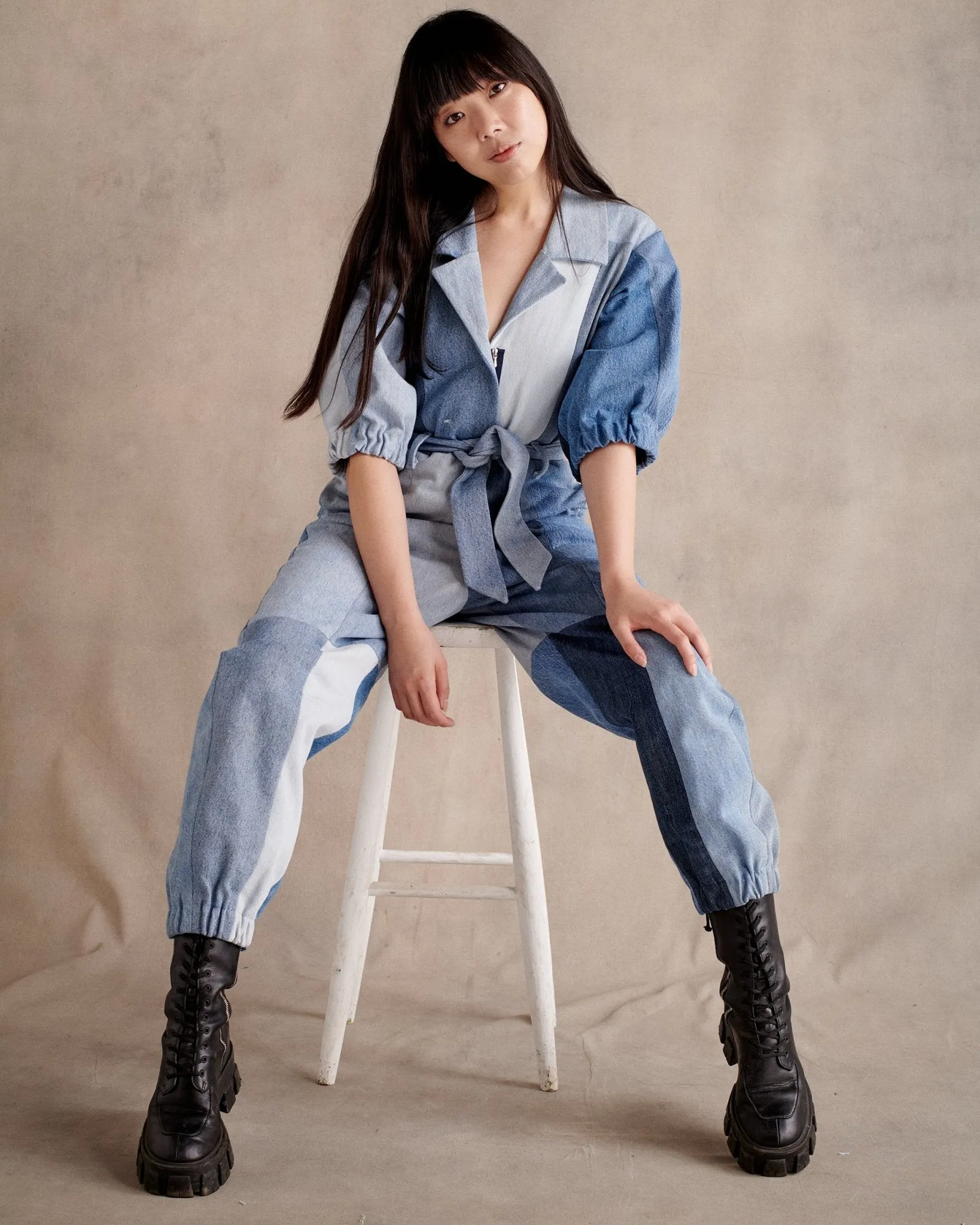 Classic Denim Jumpsuit PatchworkBlue