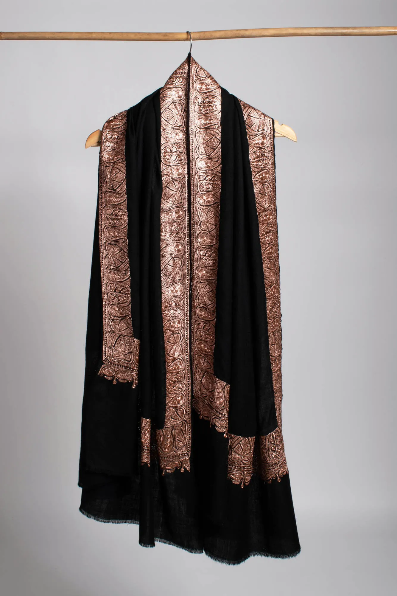 Copper Tilla Embroidered Black Pashmina Shawl - HALLSTATT