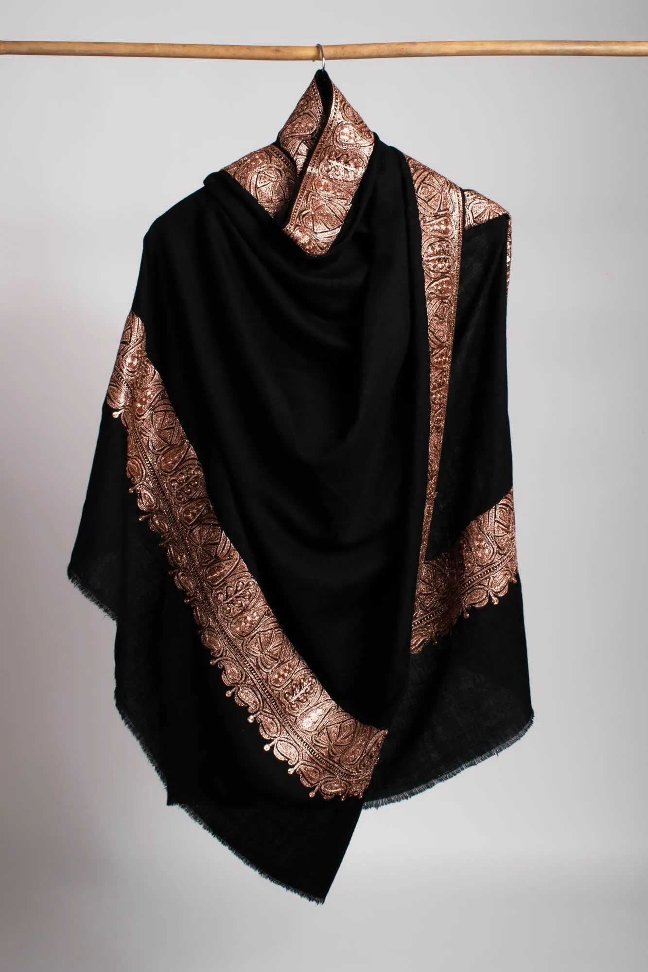 Copper Tilla Embroidered Black Pashmina Shawl - HALLSTATT