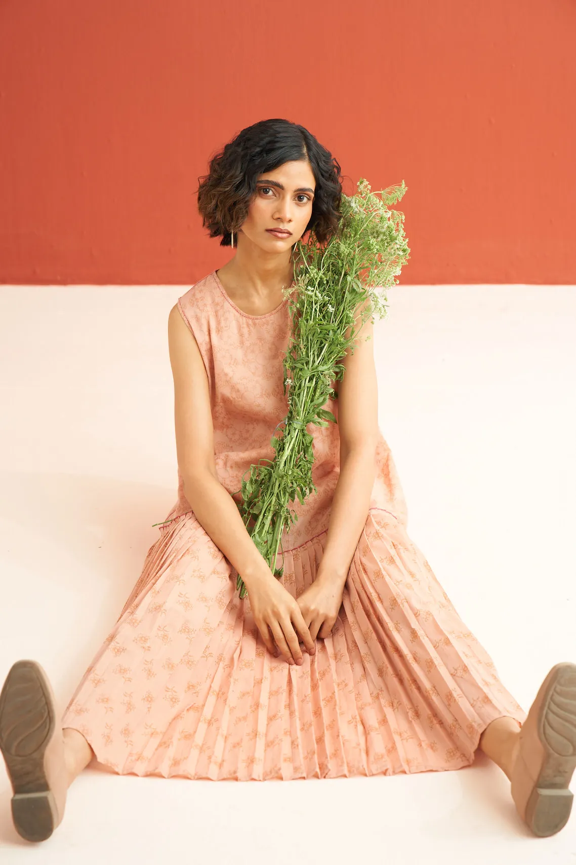 Coral Pleated Hem Dress