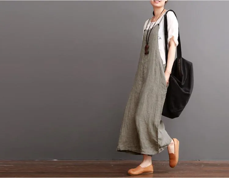 Cotton Linen Sen Department Causel Loose Overalls Big Pocket Maxi Size Trousers Women Clothes