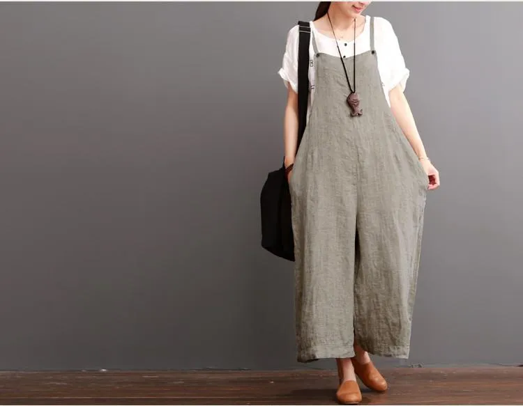 Cotton Linen Sen Department Causel Loose Overalls Big Pocket Maxi Size Trousers Women Clothes