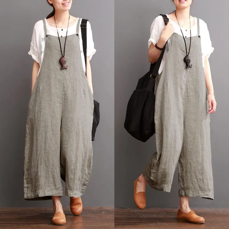 Cotton Linen Sen Department Causel Loose Overalls Big Pocket Maxi Size Trousers Women Clothes