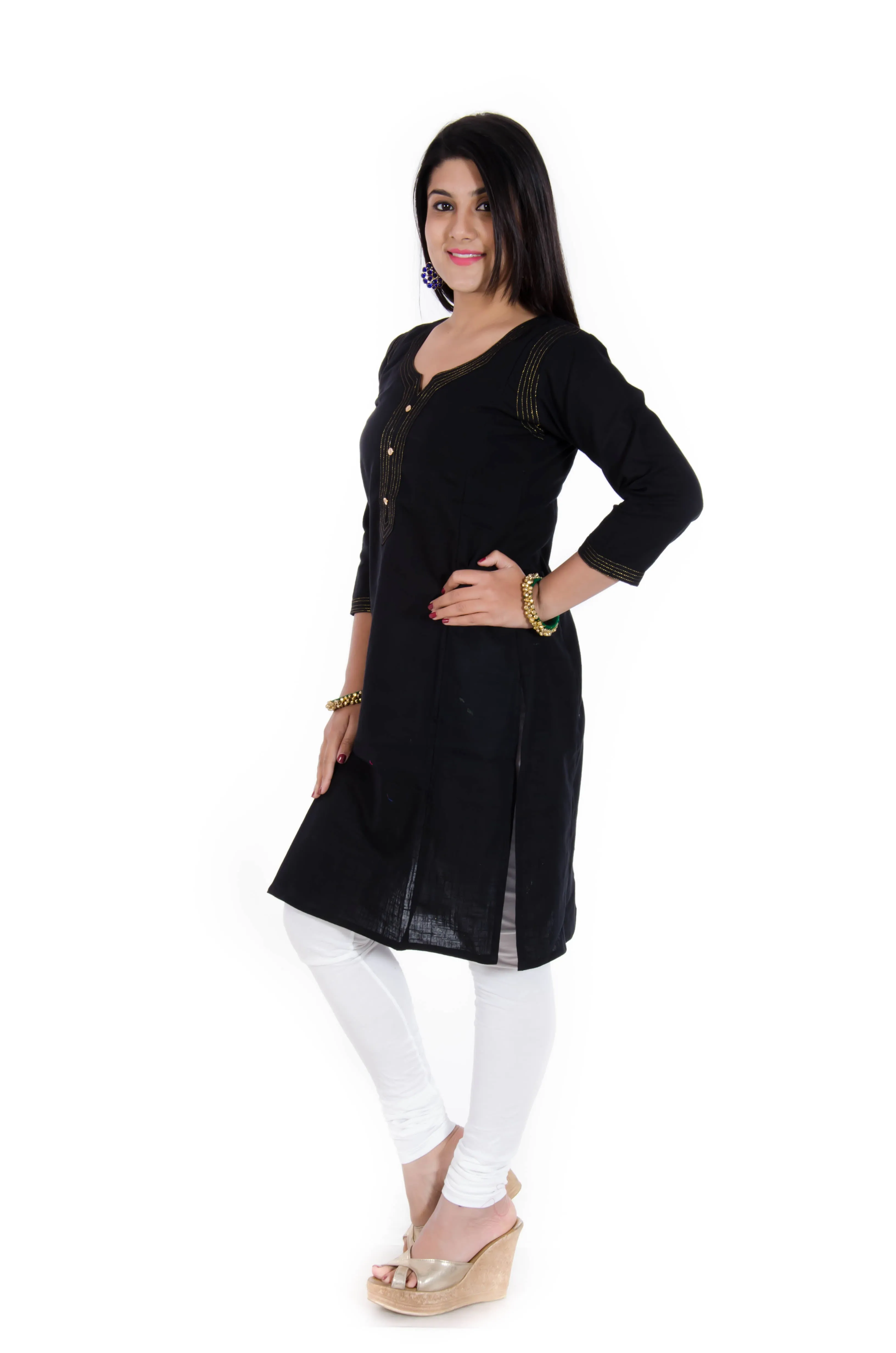 Cotton Slub Zari Quilted Straight Kurta (Black)