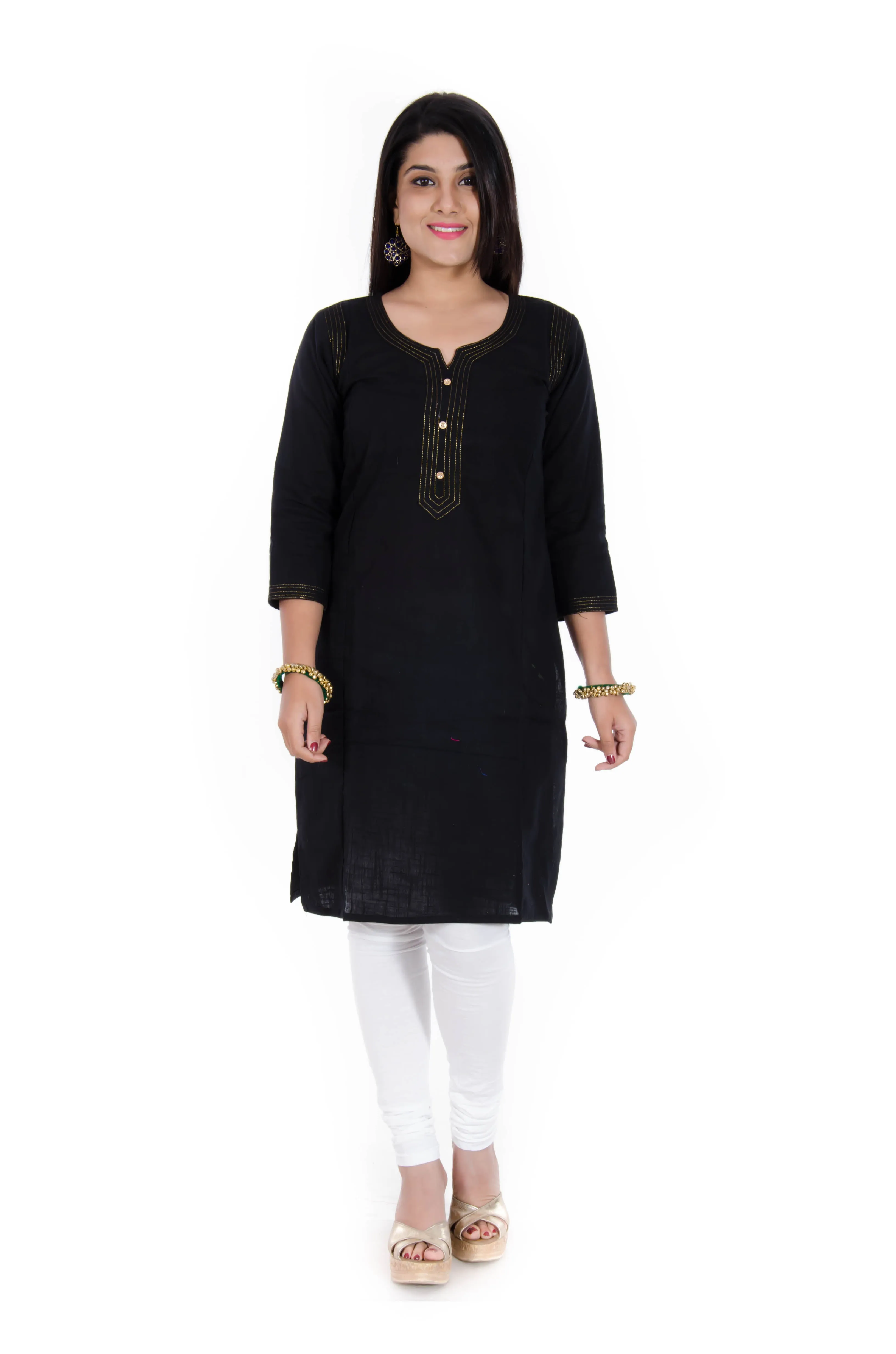 Cotton Slub Zari Quilted Straight Kurta (Black)