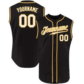 Custom Black White-Gold Authentic Sleeveless Baseball Jersey