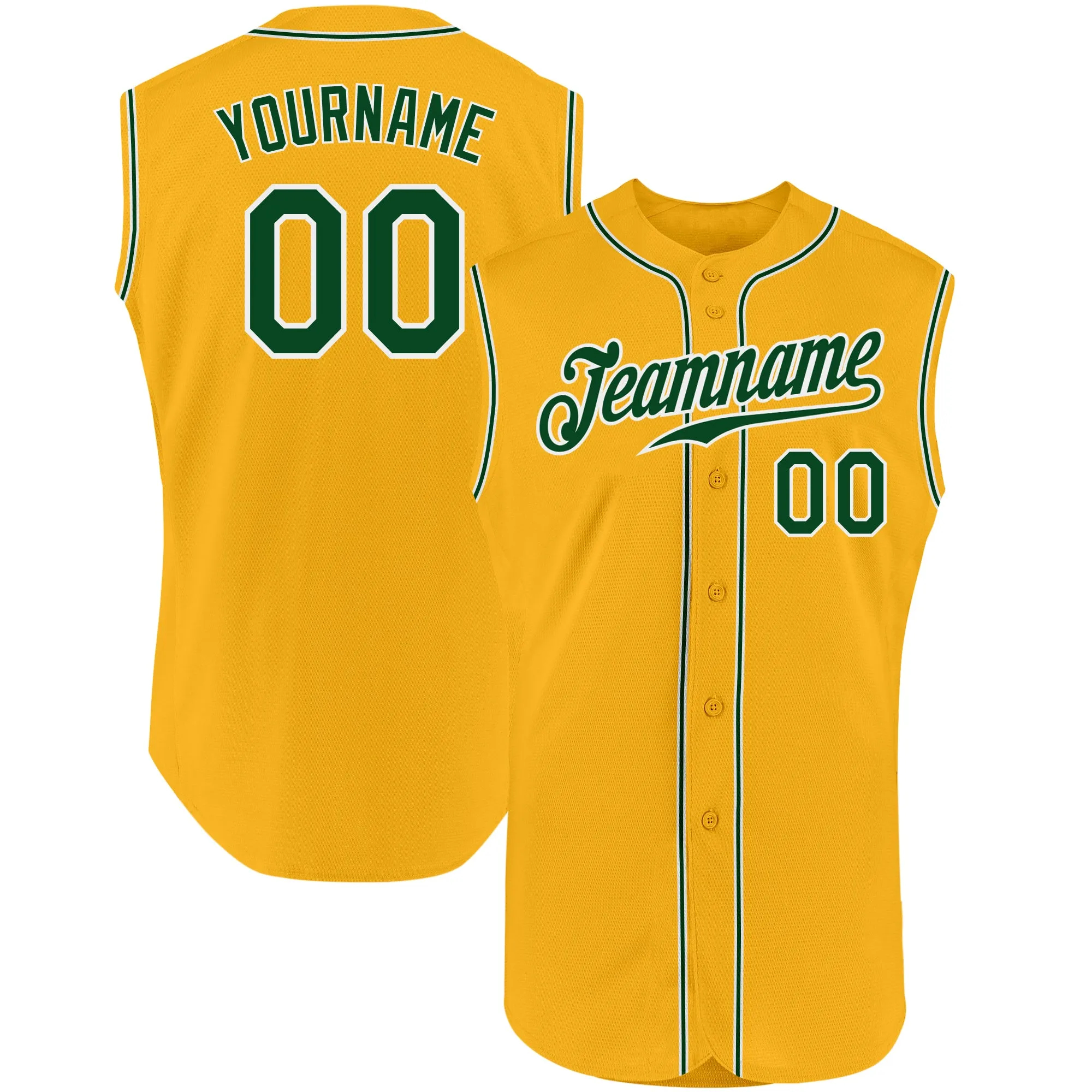 Custom Gold Green-White Authentic Sleeveless Baseball Jersey