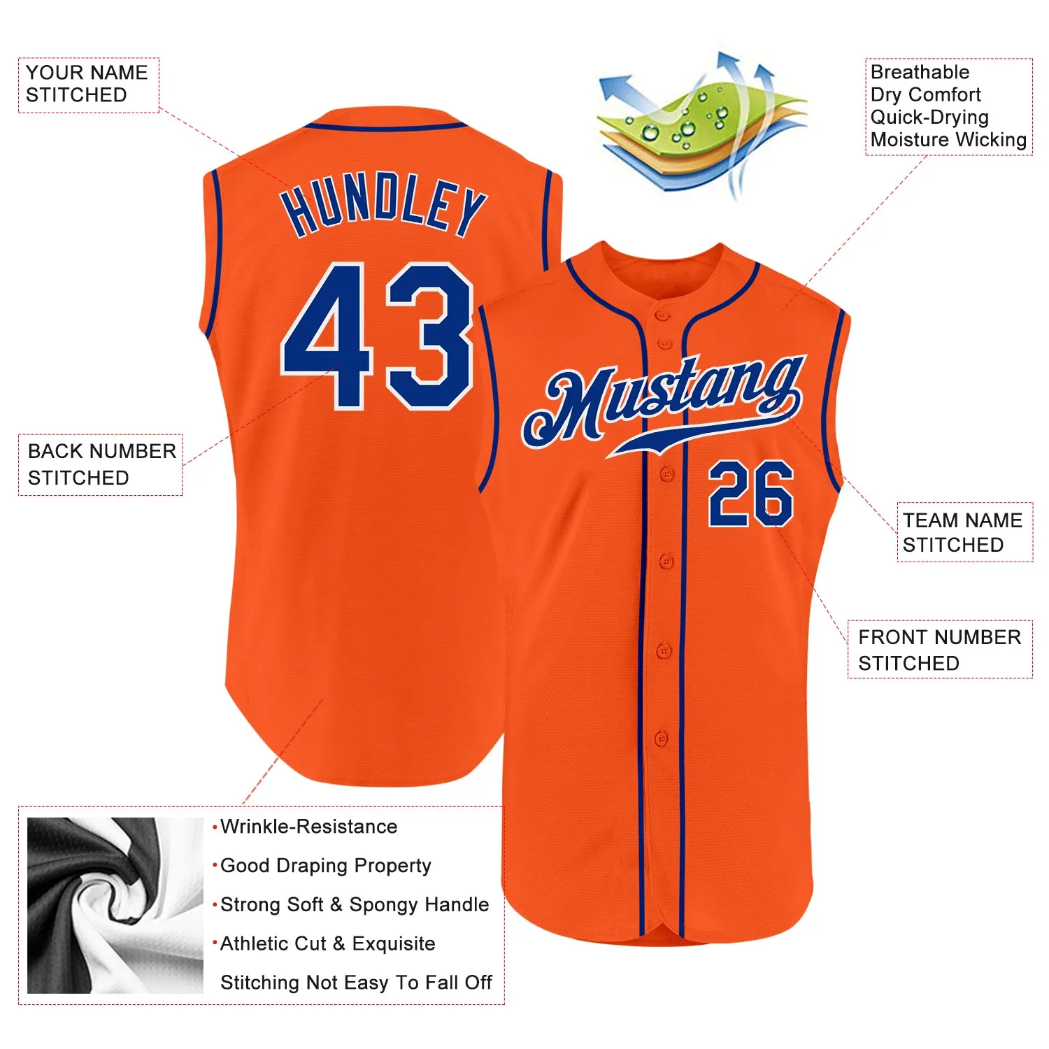 Custom Orange Royal-White Authentic Sleeveless Baseball Jersey