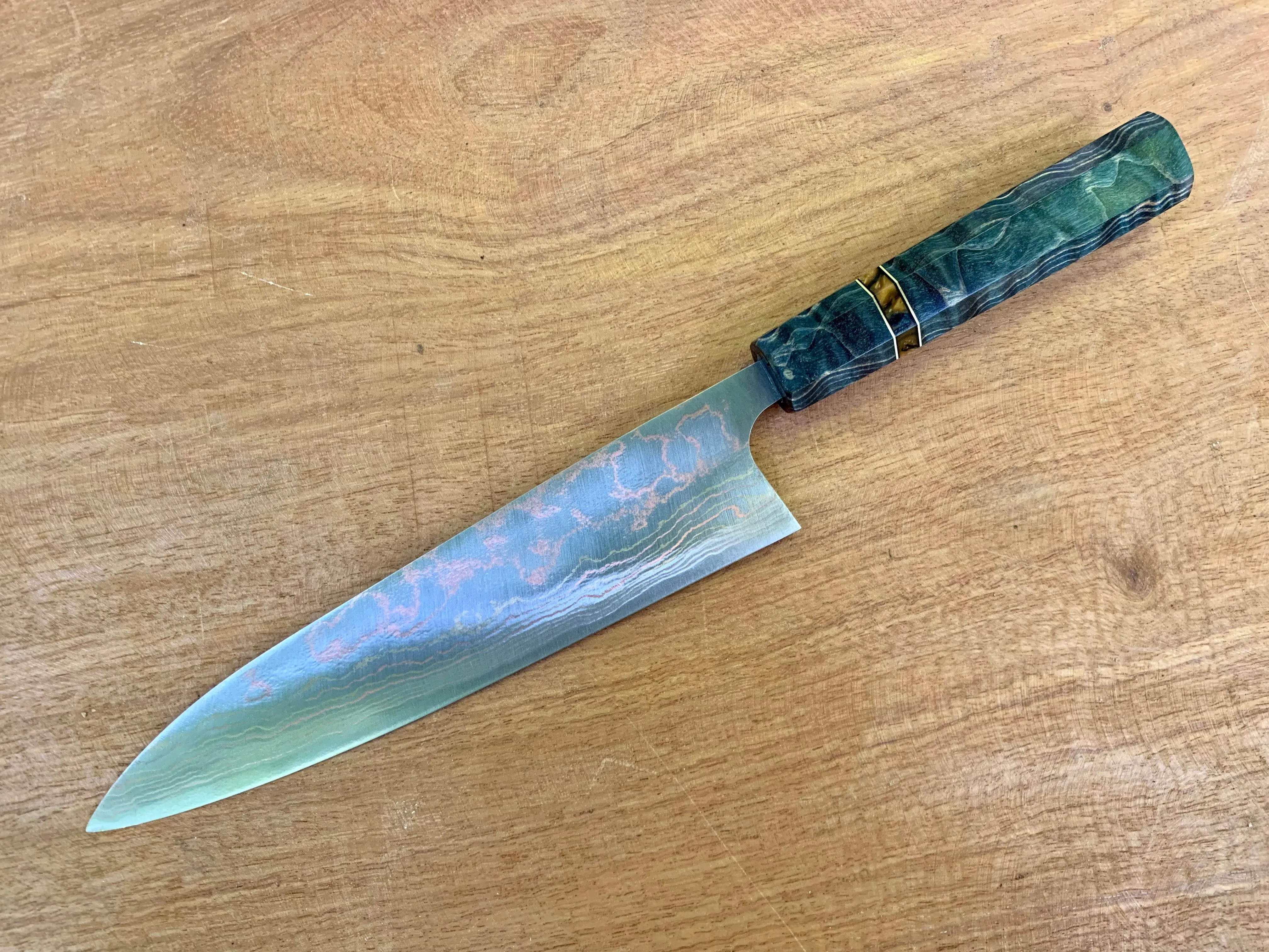 Custom Takeshi Saji Rainbow Ao 2 Damascus 210 Gyuto - Quilted Maple