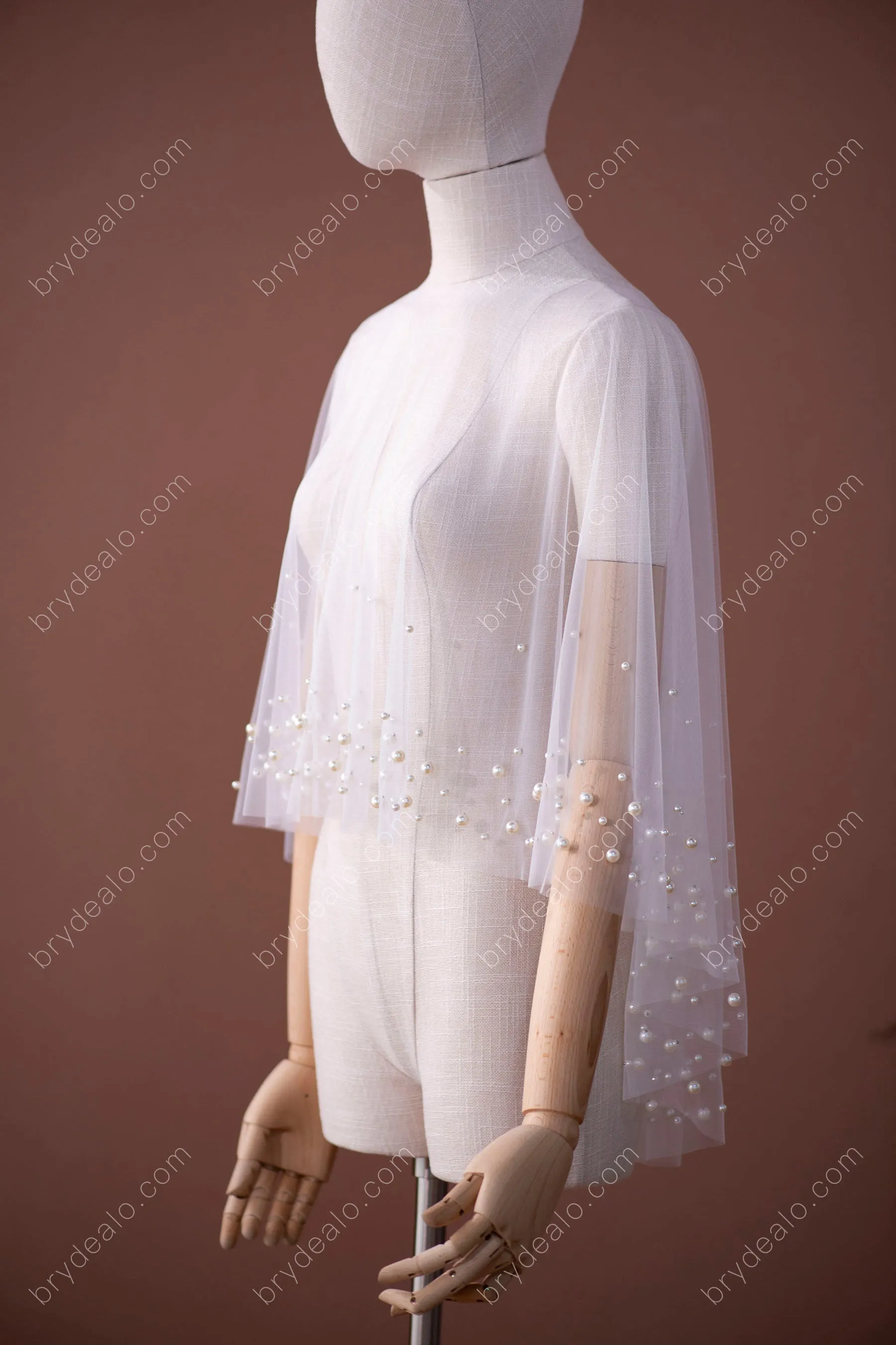 Cute Pearls Elbow Length Sheer Bridal Cape