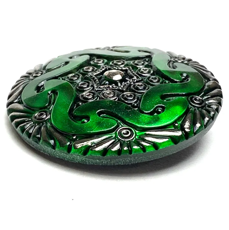 Dark Green Large Deco Hexagon Handpainted OOAK Czech Glass Button, 1-5/8", Susan Clarke  #SC885 E