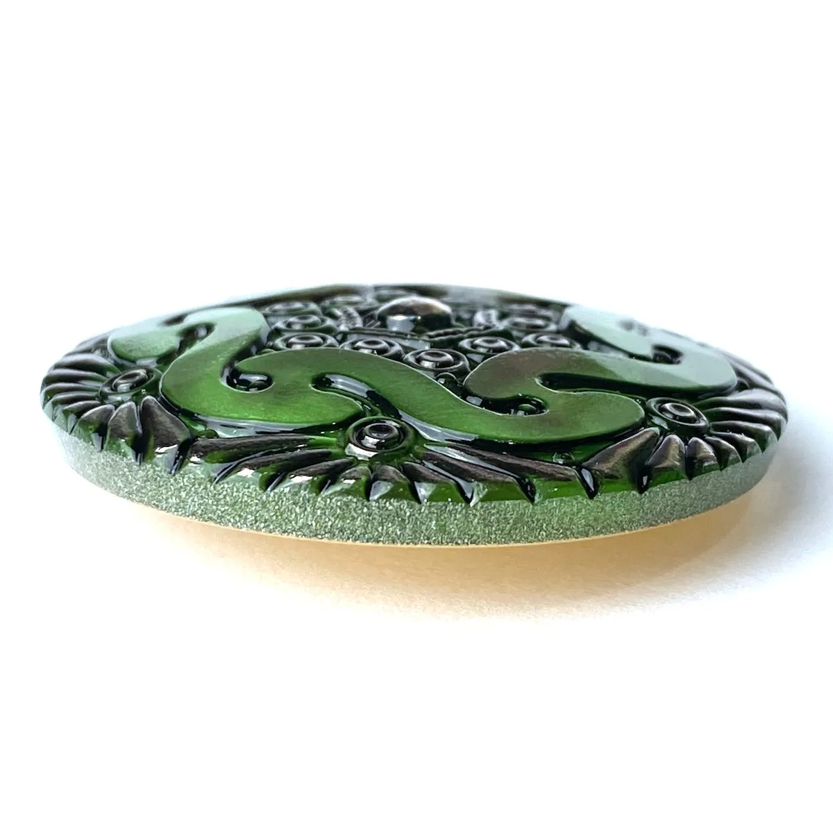 Dark Green Large Deco Hexagon Handpainted OOAK Czech Glass Button, 1-5/8", Susan Clarke  #SC885 E