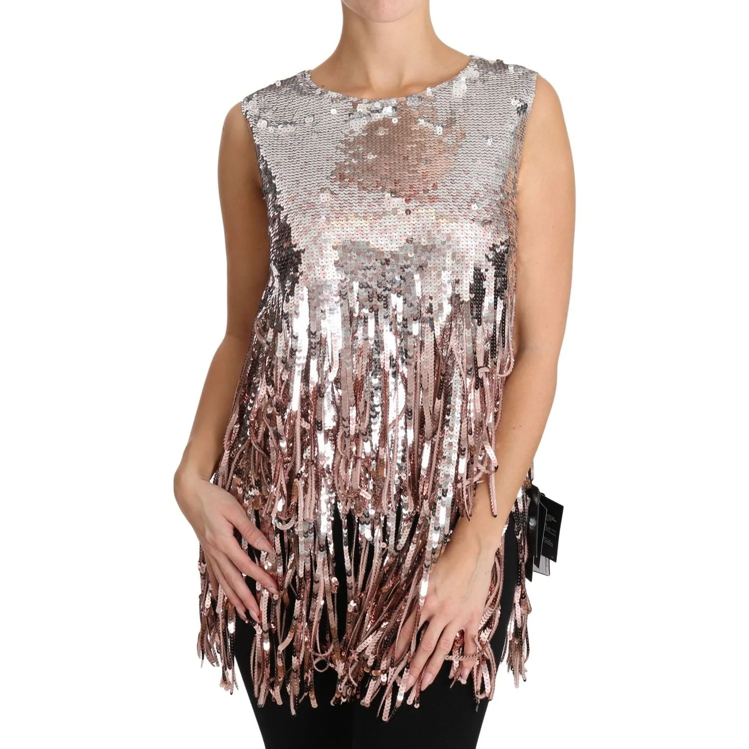 Dolce & Gabbana Golden Pink Sequined Fringe Elegance Top