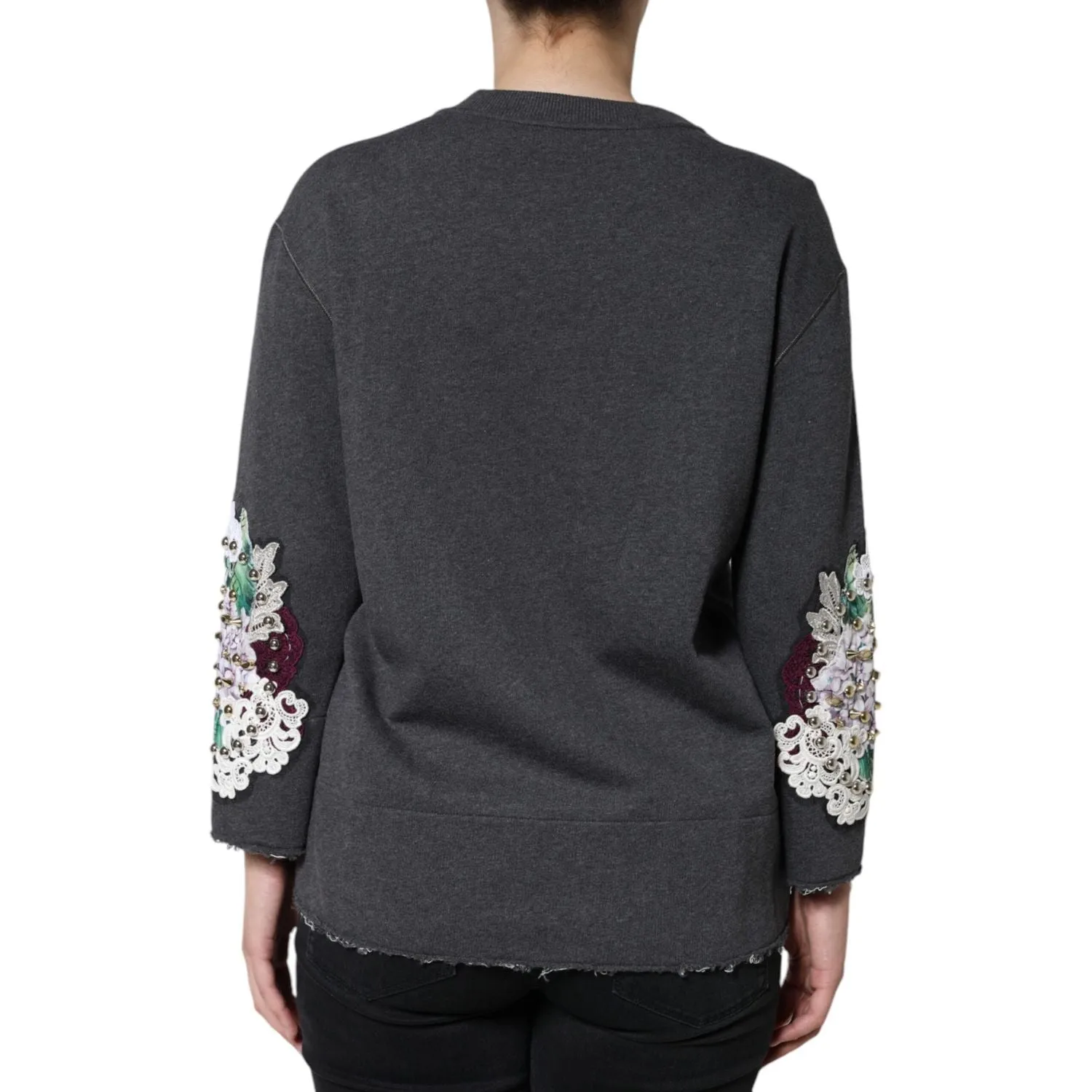 Dolce & Gabbana Gray Hydrangea CollegeStudded Floral Sweater