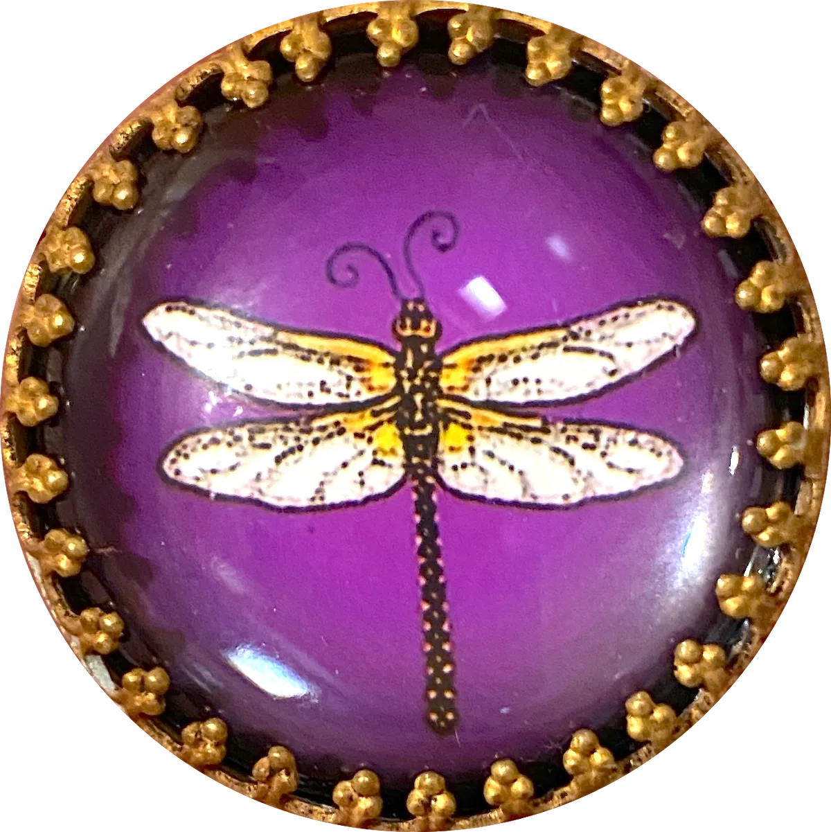 Dragonfly on Purple, Glass Crystal Dome Button 1.25"   #CB291