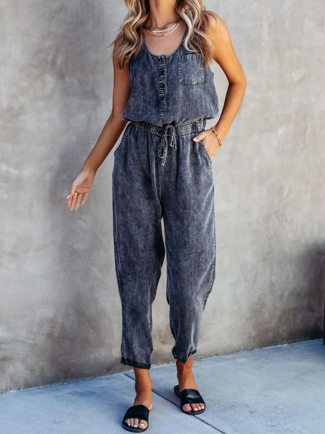 Drawstring Waist Sleeveless Jumpsuit