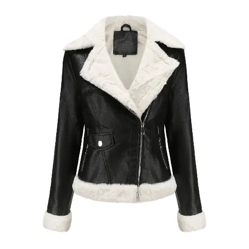 Elegant coats Locomotive Wind Winter Brown Leather Jacket  Fur Warm Short Coat Biker Street wear Leather Jackets