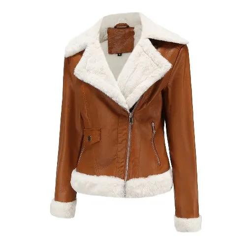 Elegant coats Locomotive Wind Winter Brown Leather Jacket  Fur Warm Short Coat Biker Street wear Leather Jackets