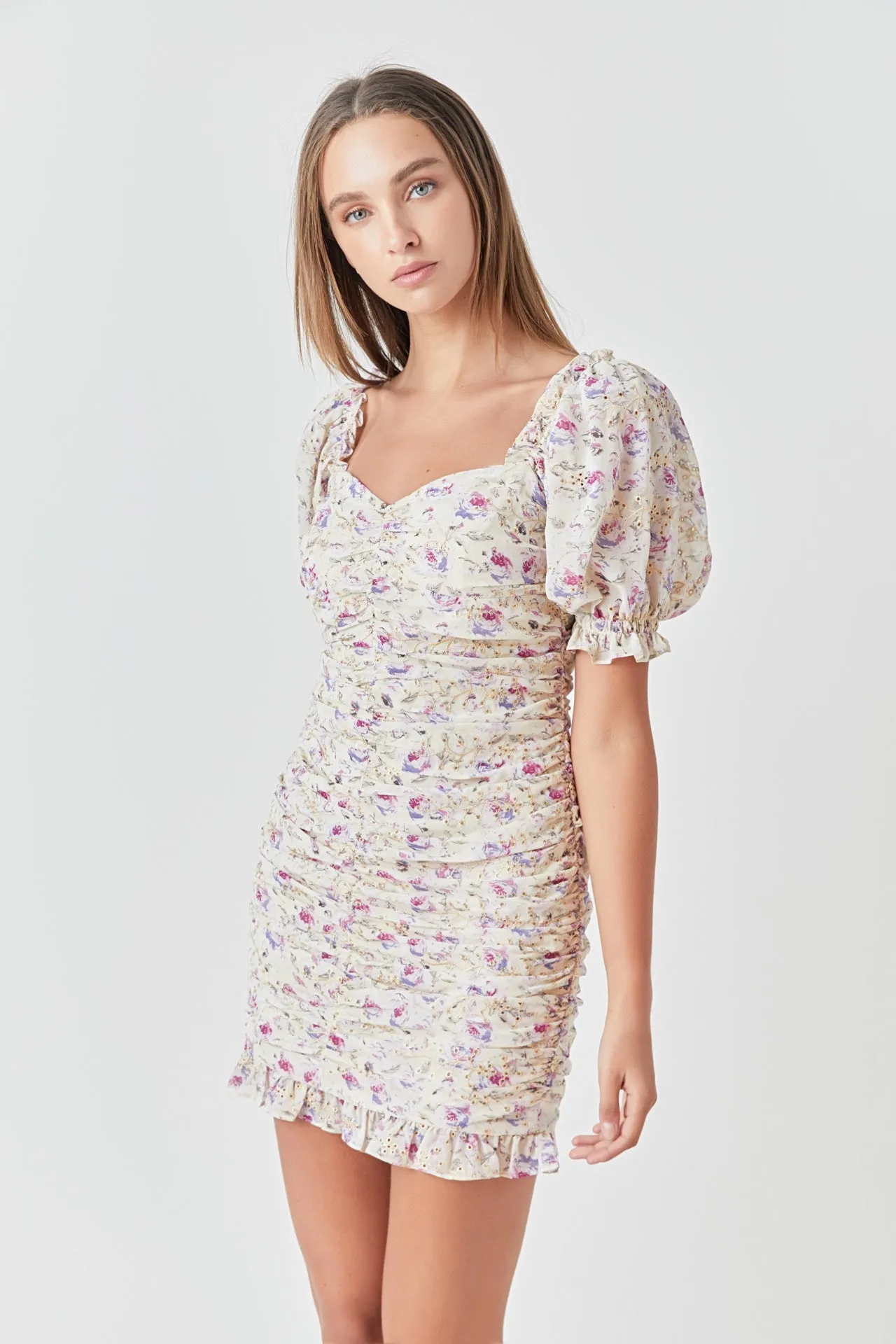 Embroidery on Chiffon Shirred Mini Dress