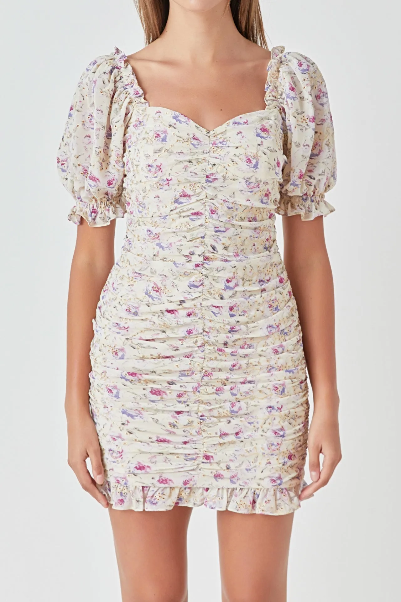 Embroidery on Chiffon Shirred Mini Dress