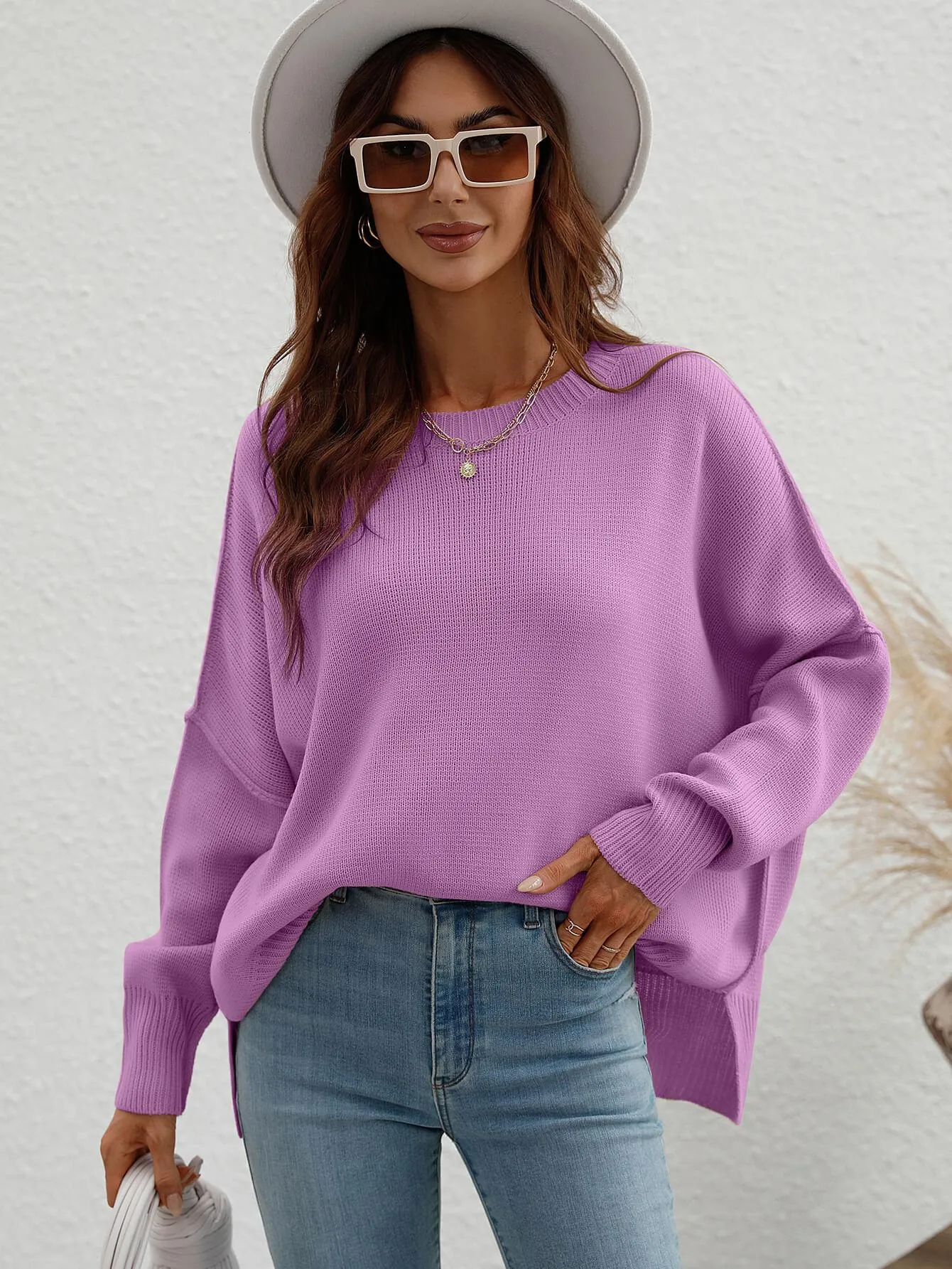 Exposed Seam Dropped Shoulder Slit Sweater