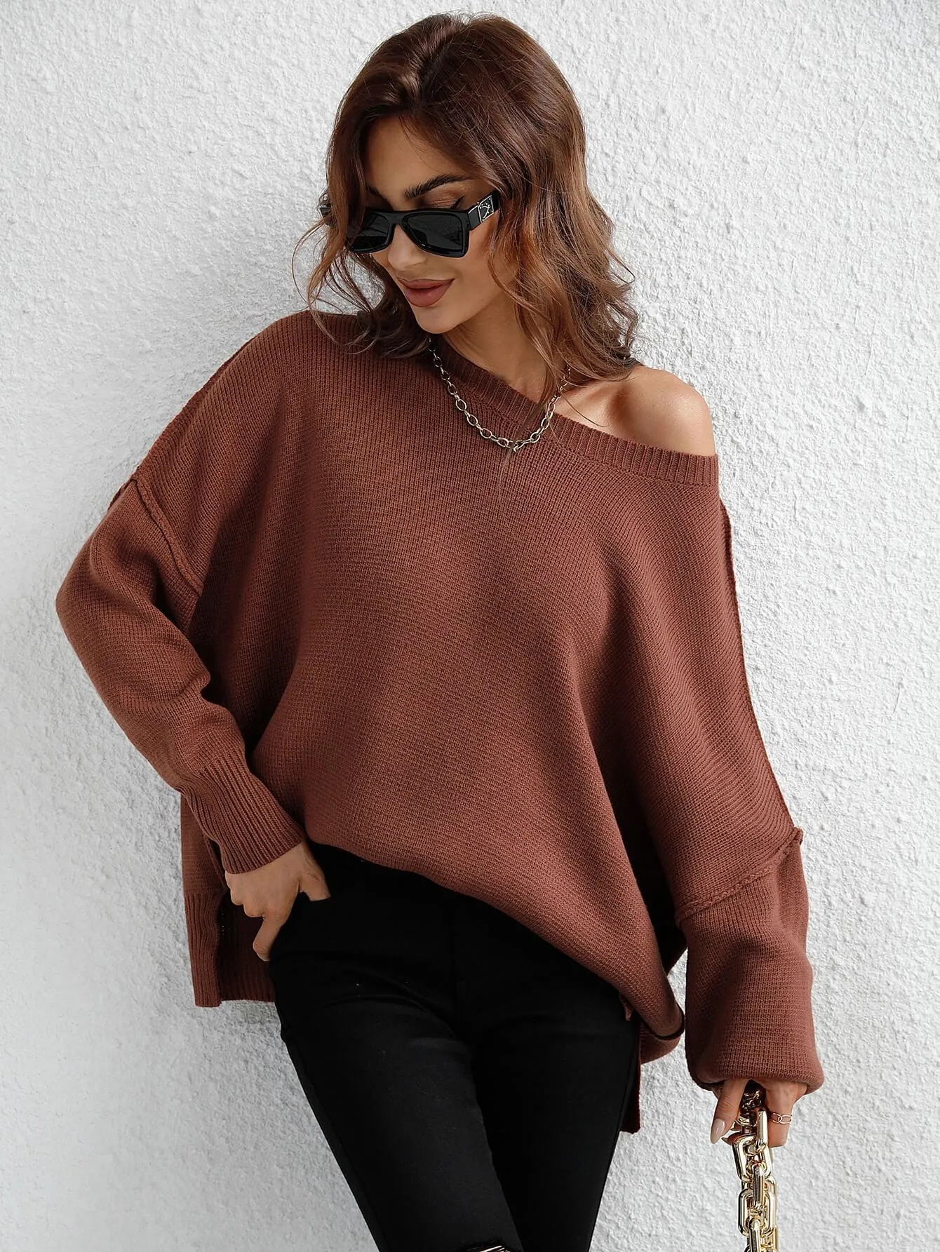 Exposed Seam Dropped Shoulder Slit Sweater