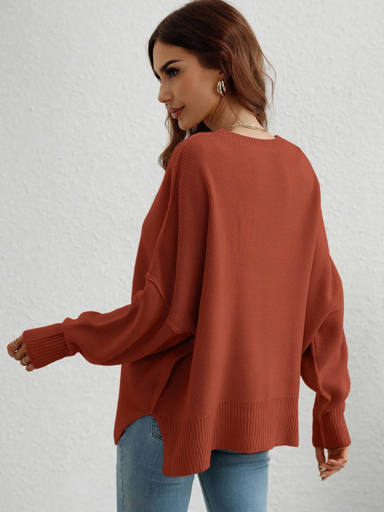 Exposed Seam Dropped Shoulder Slit Sweater