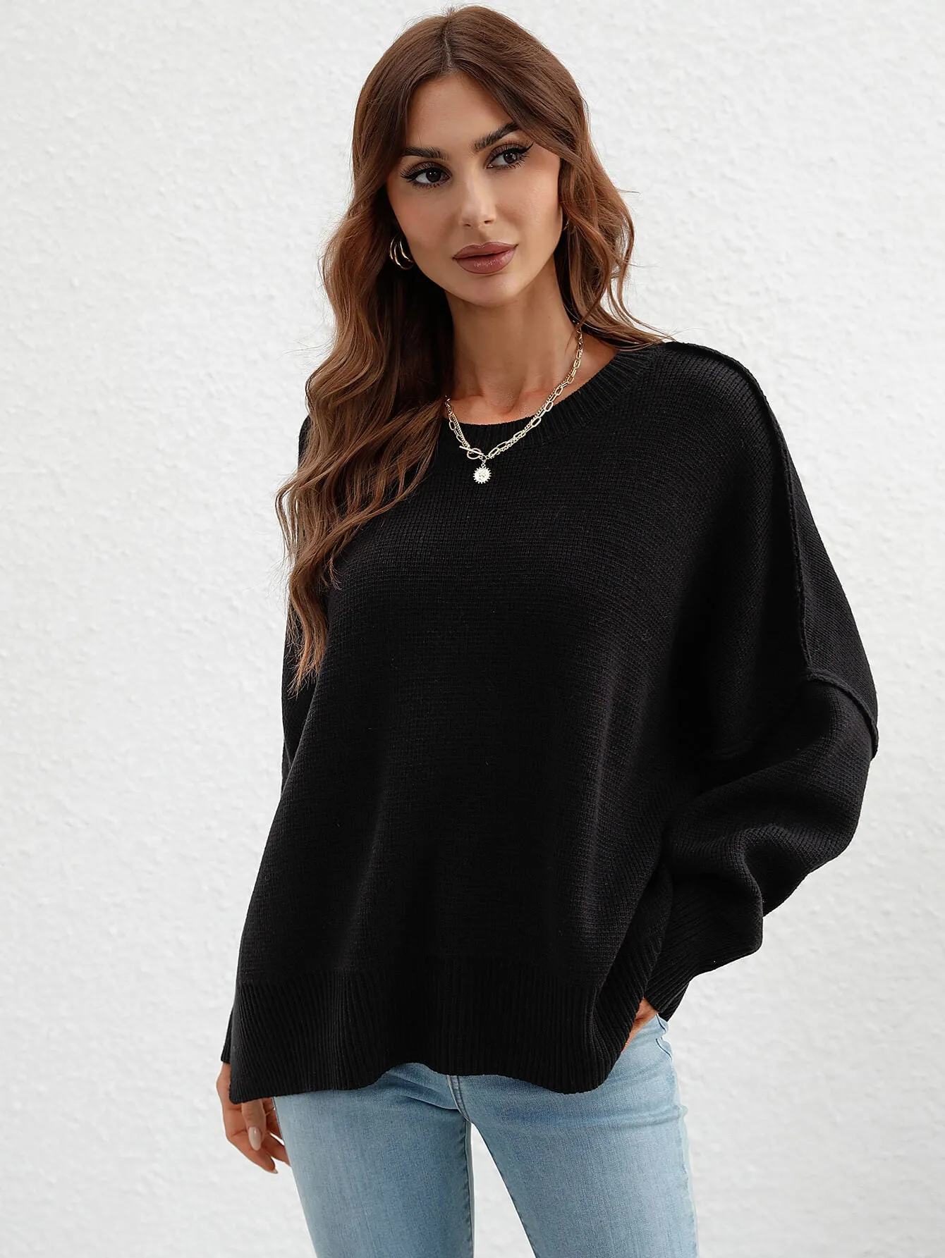 Exposed Seam Dropped Shoulder Slit Sweater