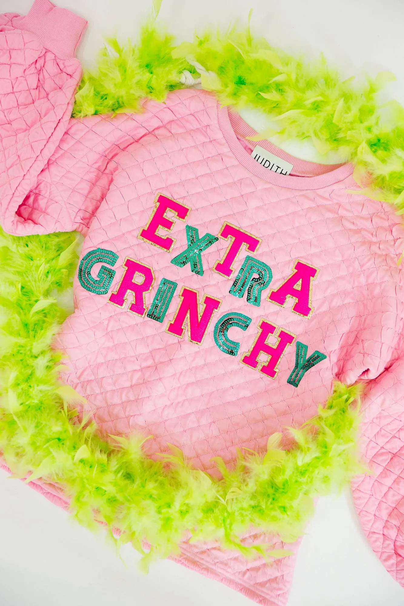 EXTRA GRINCHY PINK QUILTED PULLOVER