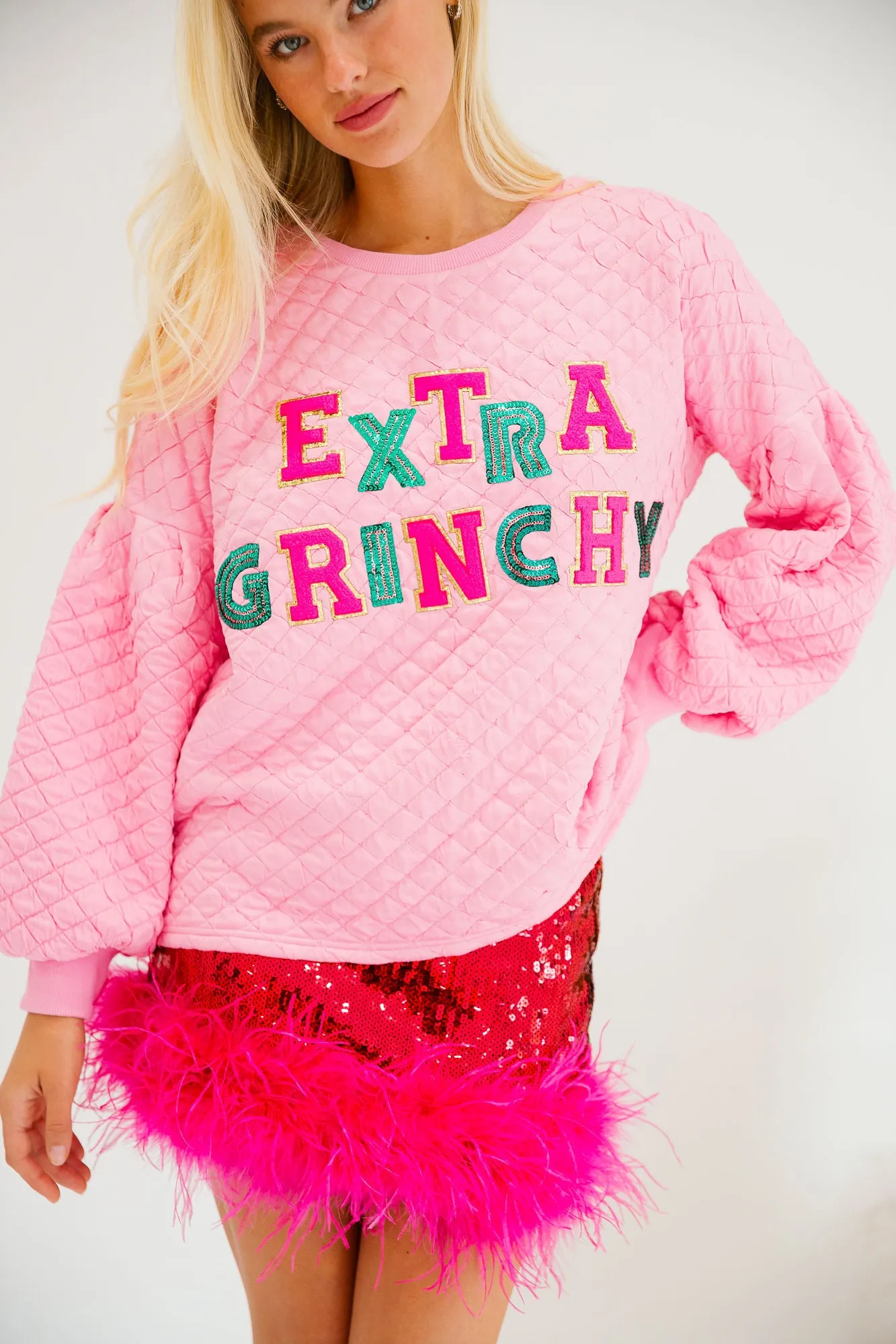 EXTRA GRINCHY PINK QUILTED PULLOVER