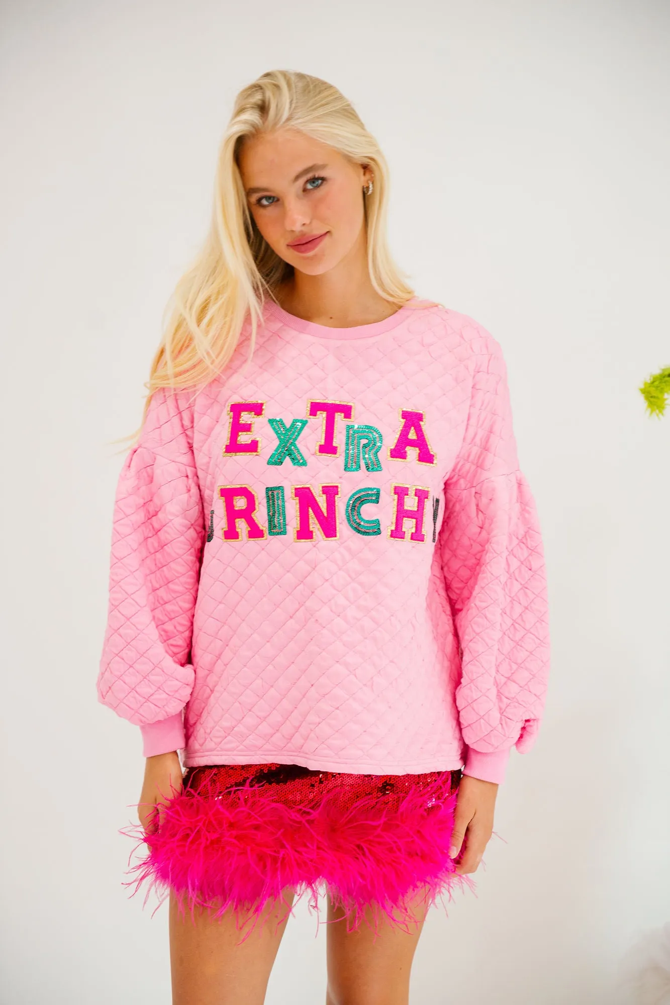 EXTRA GRINCHY PINK QUILTED PULLOVER