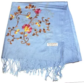 Fair Trade Hand Made Nepal Pashmina Scarf Shawl Embroidered Light Blue