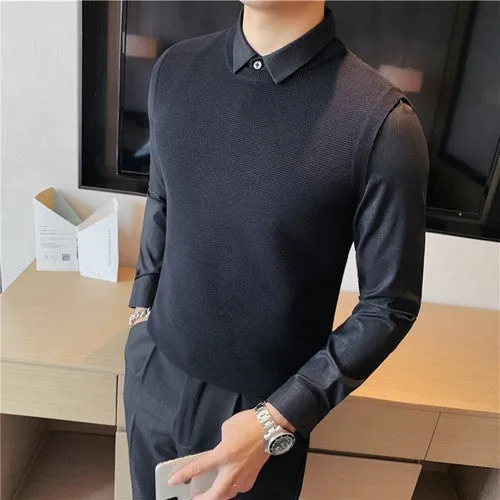 Fake Two Piece Shirt Collar Slim Sweater