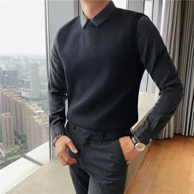 Fake Two Piece Shirt Collar Slim Sweater